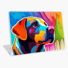 a colorful dog laptop skin with an image of a yellow labrador retriever on it