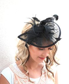 Fascinator Black Fascinator Black Hat Womens Tea by QueenSugarBee Womens Tea Party, British Hats, Wedding Tea Party, Hat Tea Party, Sinamay Fascinator, Womens Tea, Black Fascinator, Hat Wedding, Satin Headband