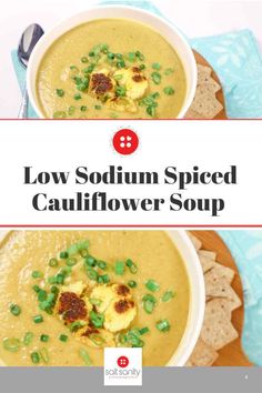 two bowls filled with soup sitting on top of a wooden table next to crackers