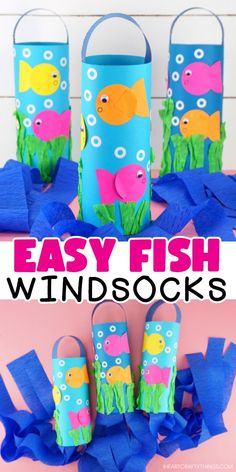 paper crafts made to look like fish and seaweed with text overlay that reads easy fish windsocks