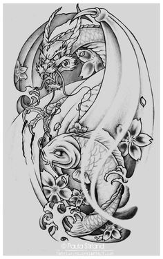 a dragon and fish tattoo design on the back of a woman's arm, with flowers