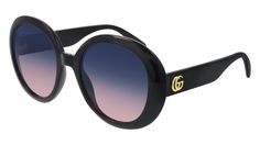 Best Seller Carry over concept from SS17. Round oversize sunglass for or diva-like look. Gucci interlocking logo on temples. Feminine color palette; transparent tones on the front combined with gradient colors on temples. Feminine Color Palette, Dry Eyes Relief, Gucci Glasses, Gucci Eyewear, Gradient Sunglasses, Blue Frames, Blue Lenses, Gucci Sunglasses, Sunglass Lenses