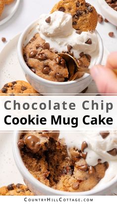 chocolate chip cookie mug cake in a white bowl with whipped cream and chocolate chips on top