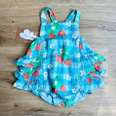 Angel Dear Strawberry Gingham Ruffle Sunsuit Size 3-6 Months Spring Gingham Bubble Romper With Ruffles, Playful Gingham Bubble Romper For Spring, Cute Gingham Bubble Romper For Spring, Spring Gingham Bubble Romper For Playtime, Cute Spring Gingham Bubble Romper, Playful Gingham Bubble Romper For Playtime, Summer Gingham Cotton Bubble Romper, Summer Plaid Cotton Bubble Romper, Plaid Cotton Bubble Romper For Summer