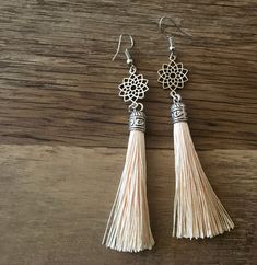 *hypoallergenic earring hooks *antique silver alloy lotus charms *2-inch cream silk tassels Bohemian Cream Dangle Earrings, Cream Silk, Hypoallergenic Earrings, Tassel Earrings, Lotus, Tassels, Antique Silver, Charms, Jewelry Earrings Dangle