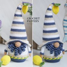 crocheted gnomes with hats and balls are shown in two different photos, one is blue and the other is white