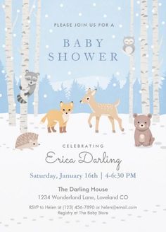 a baby shower is shown with animals in the woods and snowflakes on the trees