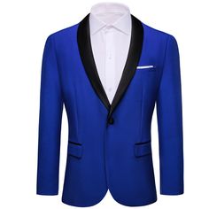 Men's Top Black Shawl Lapel Royal Blue Suit Formal Blazer Elegant Blue Tuxedo For Winter, Classic Blue Outerwear For Party, Classic Blue Party Outerwear, Classic Fitted Royal Blue Tuxedo, Formal Blue Tuxedo With Single Button, Blue Single Button Tuxedo For Formal Events, Formal Single Button Blue Tuxedo, Blue Single Button Tuxedo For Semi-formal Events, Blue Single Button Tuxedo For Semi-formal Occasions