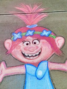 a child's drawing of a troll with pink hair and blue dress on the sidewalk