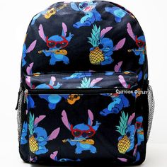 Disney Stitch Large 16" School Backpack Stitch Eating Pineapple And Playing The Guitar 100% Authentic And Licensed By Disney With Adjustable Straps Measures 16" Height 12" Width And 5" Depth Great Quality Perfect Gift New With Original Tags Fast Shipping! Back To School Backpack For Disney Fan Events, Disney Backpack For End Of School Year, Casual Backpack With Character Print For Back To School, Casual Character Print Backpack For Back To School, Disney Backpack For School, Themed Blue Backpack For End Of School Year, Blue Character Backpack For Disney Trips, Disney Standard Backpack For End Of School Year, Blue Character Print Bag For Back To School