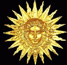 a gold sun with the face of person in it's center on a black background