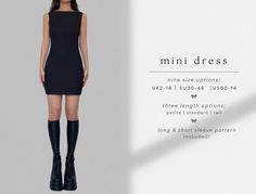 a woman in black dress and boots standing next to a white wall with the words mini dress