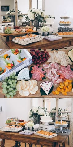 two pictures of different types of food on display in front of a table with flowers