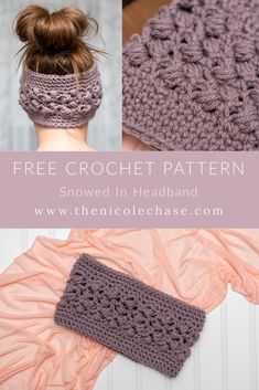 the crochet headband pattern is shown in three different colors and sizes, with text overlay that reads free crochet pattern snowed in headband