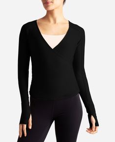 Barre Wrap Long Sleeve Top Fitted V-neck Top For Pilates, Black Stretch Tops For Pilates, Black Yoga Tops For Fall, Leotard Tops, Dance Women, Girls Leotards, Dance Tights, Womens Tights, Shorts With Tights