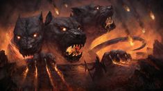 two demonic dogs with glowing eyes and fangs on their faces, standing in front of flames