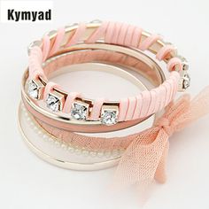 Kymyad Korean Gold Color Bangles Lace Simulated Pearl Multi Element Charm Bracelets Sets For Women Bijoux Bracelets Bangles Pink Crystal Bracelet, Layered Bangles, Pink Pearl Bracelet, Bracelets Crystal, Diy Bangle Bracelets, Bracelet Packaging, Bow Fashion, Cheap Bracelets, Bracelets Bangle