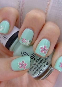 Love the nail art. Nails White Tip, Nails Flowers, Aqua Nails, Pretty Nail Designs, Nails White, White Tip, Great Nails