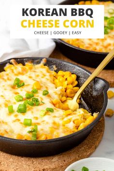 korean bbq cheese corn in a cast iron skillet