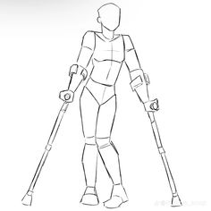 a drawing of a woman with crutches on her legs and arms, standing in front of a white background