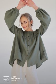 Meet Becca, our newest addition to the perfect capsule wardrobe. With its wide, ruffled oval neck and playful puff sleeves, this flare linen shirt offers a touch of whimsy alongside timeless elegance. The subtle high-low hem adds a modern twist, ensuring you'll stand out with every wear. It's the essential you never knew you needed—until now Handcrafted with care in a small European studio. Perfect Capsule Wardrobe, Casual Dinner Outfit