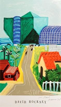 a painting of a road with houses and buildings in the background