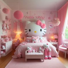 a hello kitty bedroom with pink walls and furniture, including a large bed in the center