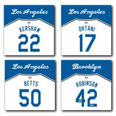 four los angeles dodgers baseball cards with the number one, two, and three on them