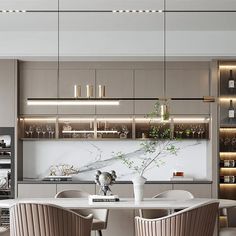 a modern kitchen with marble counter tops and white chairs, along with built - in shelving