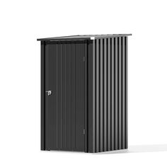 a black metal storage cabinet on a white background with clippings to the side