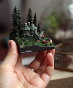 a person holding up a miniature house with trees on the front and side of it