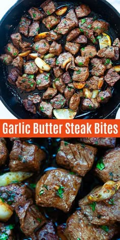 garlic butter steak bites in a cast iron skillet