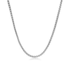 Wrap your neck in chic style and smart texture with this slim solid stainless steel wheat chain necklace for men. Crafted in stainless steel This 3.0mm-wide wheat chain is an anytime accessory you'll love to style. Wear it alone as a statement piece or layered with your other favorite necklaces. This 24.0-inch necklace secures with a lobster claw clasp. Elegant Stainless Steel Wheat Chain Necklace, Stainless Steel Wheat Chain Necklace, Chain Necklace For Men, Necklace Clasps, Necklace Chain Lengths, Necklace For Men, Steel Metal, Necklace Designs, Men Necklace