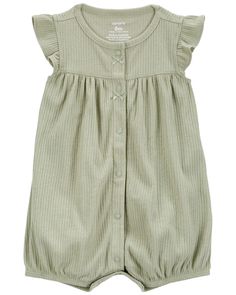 This little romper is all about the details. Featuring a full-snap design (plus at the leg for easy changes), fluttery sleeves and a soft cotton rib, she'll be both cute and comfy all day long. Spring Cotton Bubble Romper With Button Closure, Jumpsuits Styles, Holiday Pjs, Baby Trend, Ribbed Shorts, Short Sleeve Romper, Green Baby, Black Friday Shopping