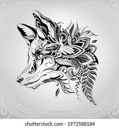 the head of a wolf with feathers on it's back, drawn in black and white