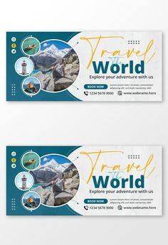 two tickets with the words travel world on them and an image of mountains in the background