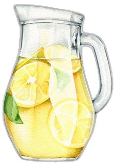 a pitcher filled with lemonade and sliced lemons