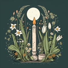 a lit candle surrounded by flowers and plants