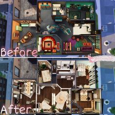 an overhead view of a house with the living room and bedroom in it before and after remodeling