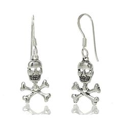 Sterling Silver Skull/ Crossbone Earrings Approx. 1" drop from ear Bone Colored Metal Earrings For Pierced Ears, Silver Skull Earrings With Skull Print, Silver Skull Earrings With Ear Wire, Adjustable Skull-shaped Earrings With Ear Wire, Adjustable Skull Shaped Earrings With Ear Wire, Skull Shaped Metal Earrings, Sterling Silver, Silver