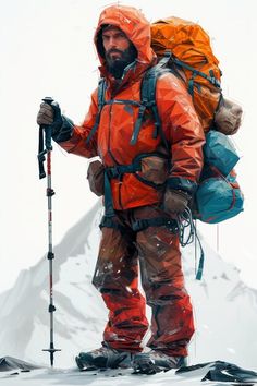 a man with a backpack and ski poles standing on top of a snow covered mountain