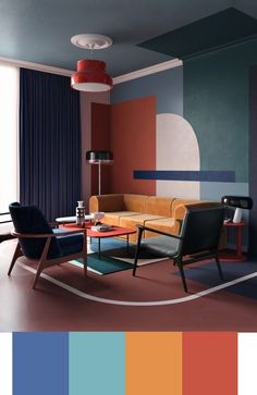 a living room filled with furniture and color swatches in shades of blue, orange, red