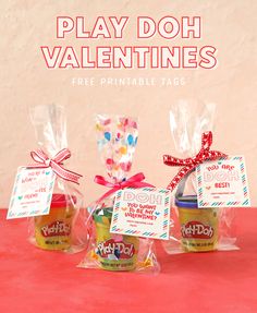 play doh valentine's day treat bags with free printable tags on them