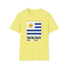 Introducing our Uruguay Retro T-Shirt, a contemporary take on casual comfort that seamlessly blends style with an international vibe. Featuring a retro style print design inspired by the national flag and crafted from exceptionally soft materials, this softstyle unisex tee is a wardrobe essential that combines a luxurious feel with unmatched durability. It's a great gift for world travel lovers and the perfect way to show off the place you love. Made with care, our shirts are 100% cotton for solid colors, while Heather colors and Sport Grey incorporate a touch of polyester for added versatility. The twill tape on the shoulders enhances durability, and with no side seams, this shirt ensures a smooth and comfortable fit. The ribbed knitting on the collar prevents curling damage, ensuring a p Casual Tops With Flag Print For Streetwear, Casual Streetwear Tops With Flag Print, Casual T-shirt With Flag Print And Relaxed Fit, Casual Relaxed Fit T-shirt With Flag Print, Summer Flag Print T-shirt With Relaxed Fit, Casual Crew Neck T-shirt With Flag Print, Summer Flag Print Crew Neck T-shirt, Summer Crew Neck T-shirt With Flag Print, Casual Flag Print T-shirt For Streetwear