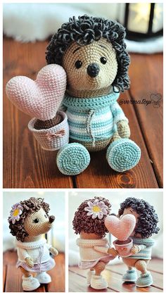 crocheted teddy bears with hearts in their hands and one holding a heart shaped balloon