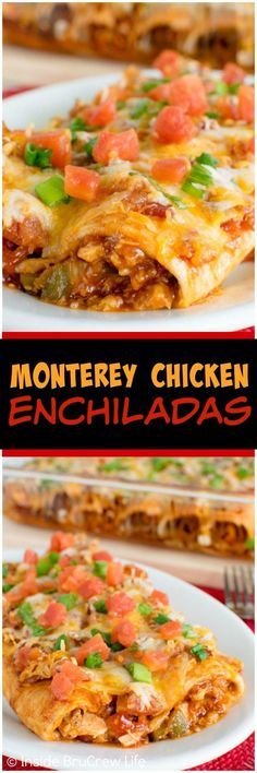 an enchiladas recipe is shown in three different pictures with the title below