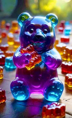 a colorful bear figurine sitting on top of a table filled with gummy bears