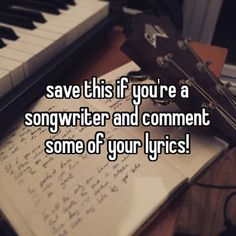 an open book with a violin on top of it and the words save this if you're a songwriter and comment some of your lyrics