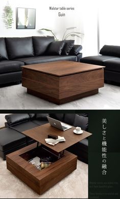 the coffee table is made out of wood and has an open drawer underneath it for storage