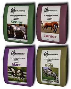 four different colors of horse feed are shown in this image with the words, junior and mare